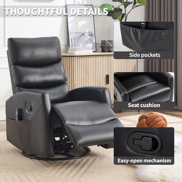 Manual Recliner Chair Heat Massage with Rocker and Swivel in Fabric for Living Room, Black