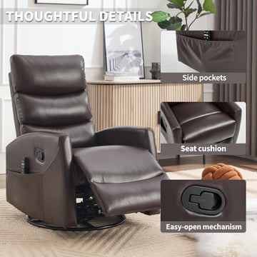 Manual Recliner Chair Heat Massage with Rocker and Swivel in Fabric for Living Room, Brown