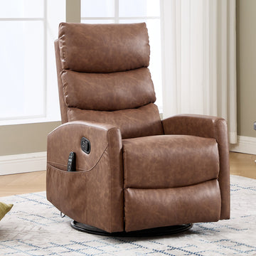 Manual Recliner Chair with Rocker and Swivel in Fabric, Heat Massage Chair for Living Room, Brown