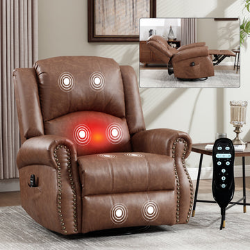 Heat Massage Manual Recliner Chair with Rocker and Swivel for Living Room, Brown