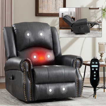 Heat Massage Manual Recliner Chair with Rocker and Swivel for Living Room, Grey