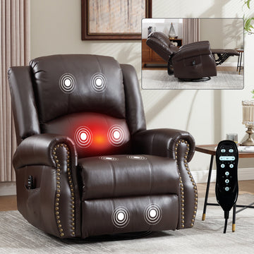 Heat Massage Manual Recliner Chair with Rocker and Swivel for Living Room, Dark Brown