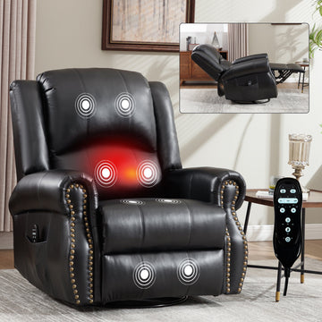 Heat Massage Manual Recliner Chair with Rocker and Swivel for Living Room, Black