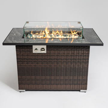 44" Propane Gas Fire Pit Table, 50000 BTU Rectangular Fire Pit, Tile Tabletop with Wicker Base