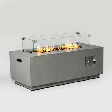 2-Pieces Propane Gas Fire Pit Table, 50000 BTU Rectangular Steel Fire Pit with Glass Wind Guard