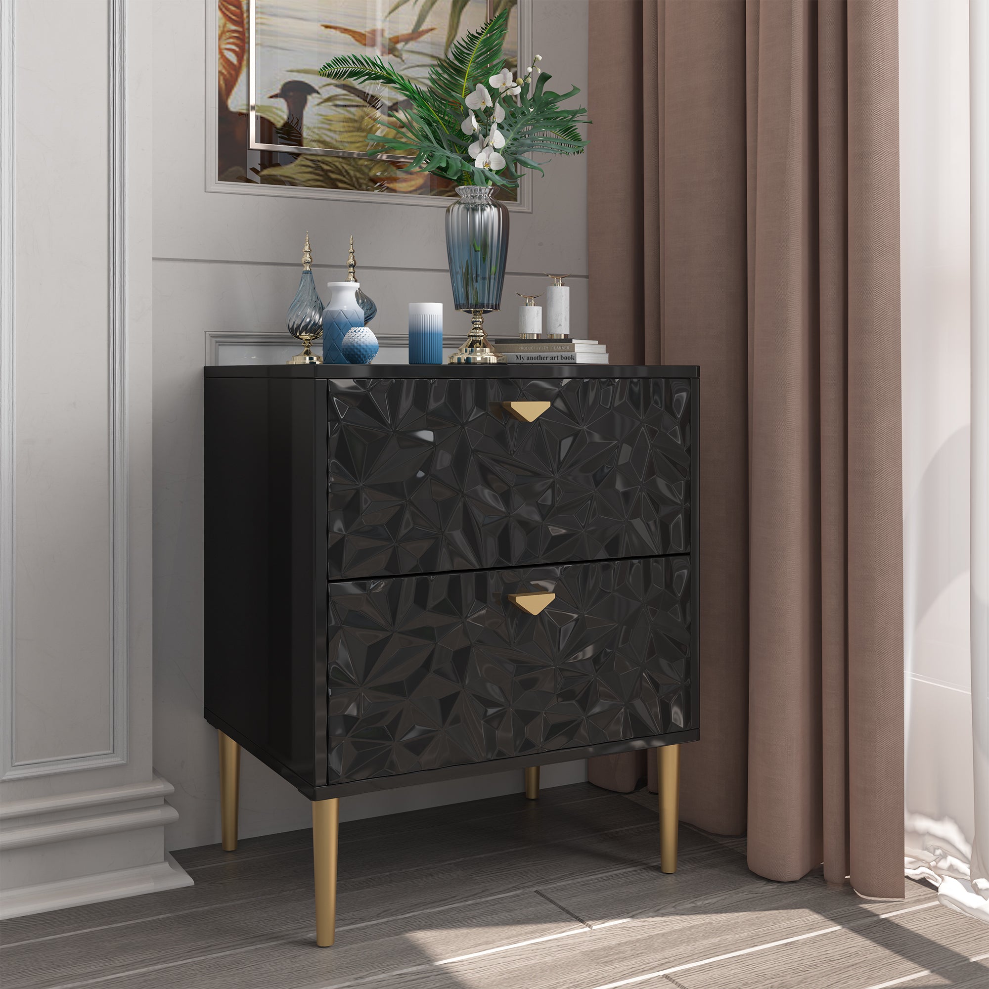 Clihome 2-Drawer Wood Nightstand with Tapered Support Legs