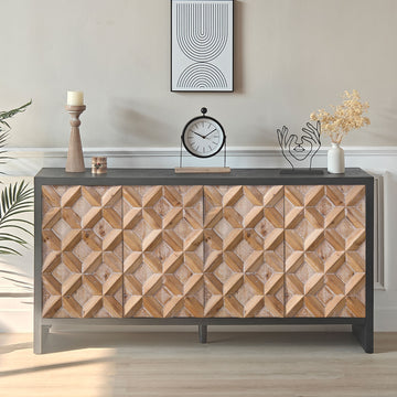 Rustic 4-Door Wood Cabinet with Geometric Pattern – Modern Storage Solution for Any Space