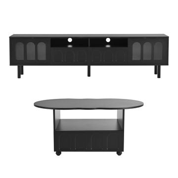 Clihome Cream Style TV Stand and Coffee Table Set of 2,  LED Light Strip TV Stand for TVs Up to 80'', Cloud Top Coffee Table with 2 Brake Wheels for Living Room, Black