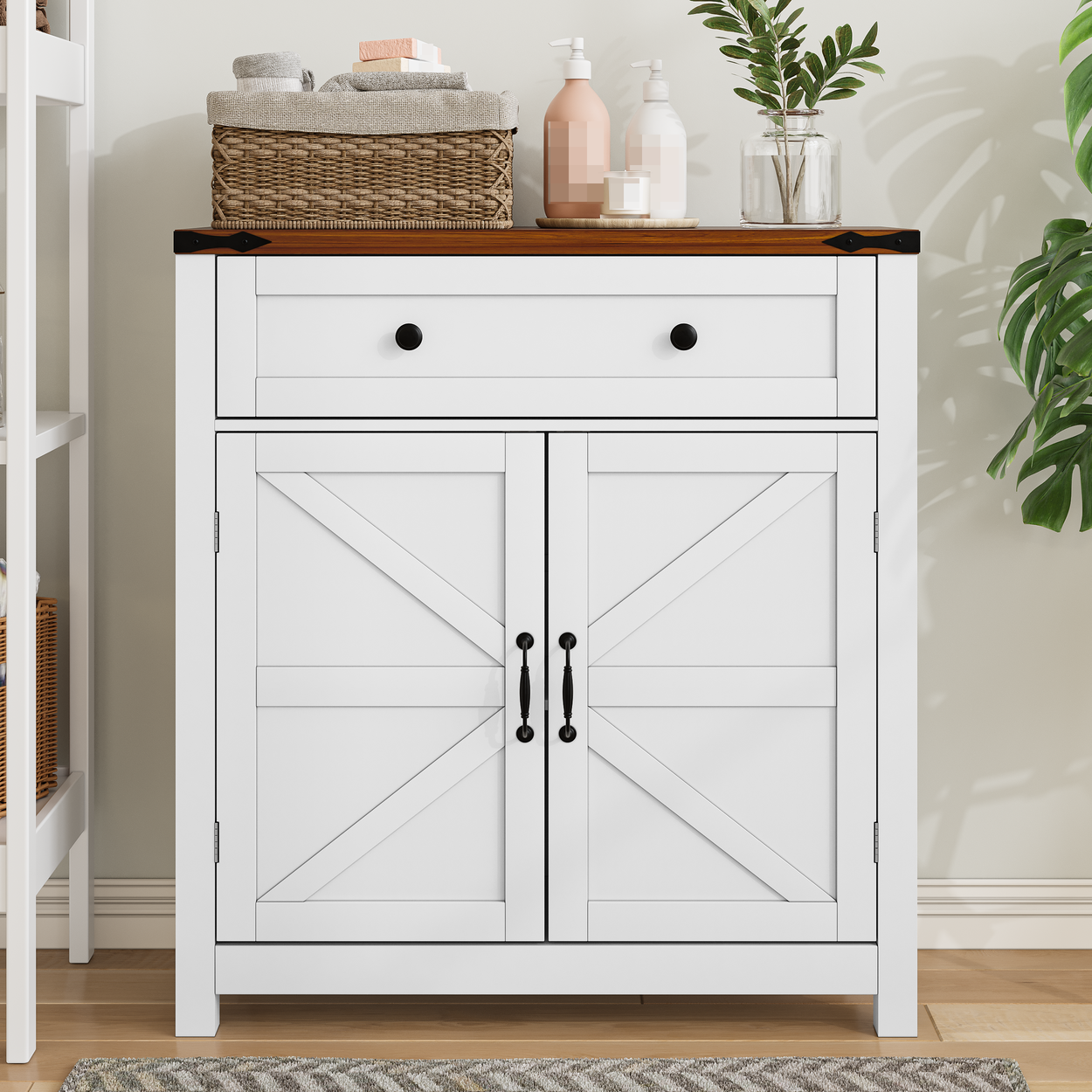 Farmhouse Storage Cabinet with Drawer and Adjustable Shelf, White/Black Kitchen Cabinet with Walnut Countertop, Modern Coffee Bar Console Cabinet for Kitchen, Dining Room, Bathroom, Entryway