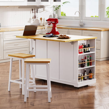 Kitchen Island Cart with Barn Doors & Storage Shelves, 5 Lockable Casters Kitchen Island, White