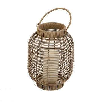 8.7x8.7x11.8''-Brown-Poly-Rattan-Lantern-with-White-LED-Candle