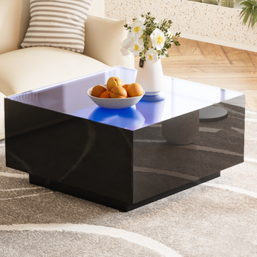 Square High Glossy Coffee Table with 16-color LED Strip Lights, Modern Center Table with 5mm Frosted Tempered Glass Top for Living Room, Black/White