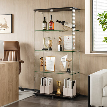 Glass Display Cabinet with 4-Shelf Double Doors and Lock, Curio Cabinet 5mm Tempered Glass Floor Standing Bookshelf for Living Room, Bedroom, Office, 64 x 31.7 x 14.3 in, Black