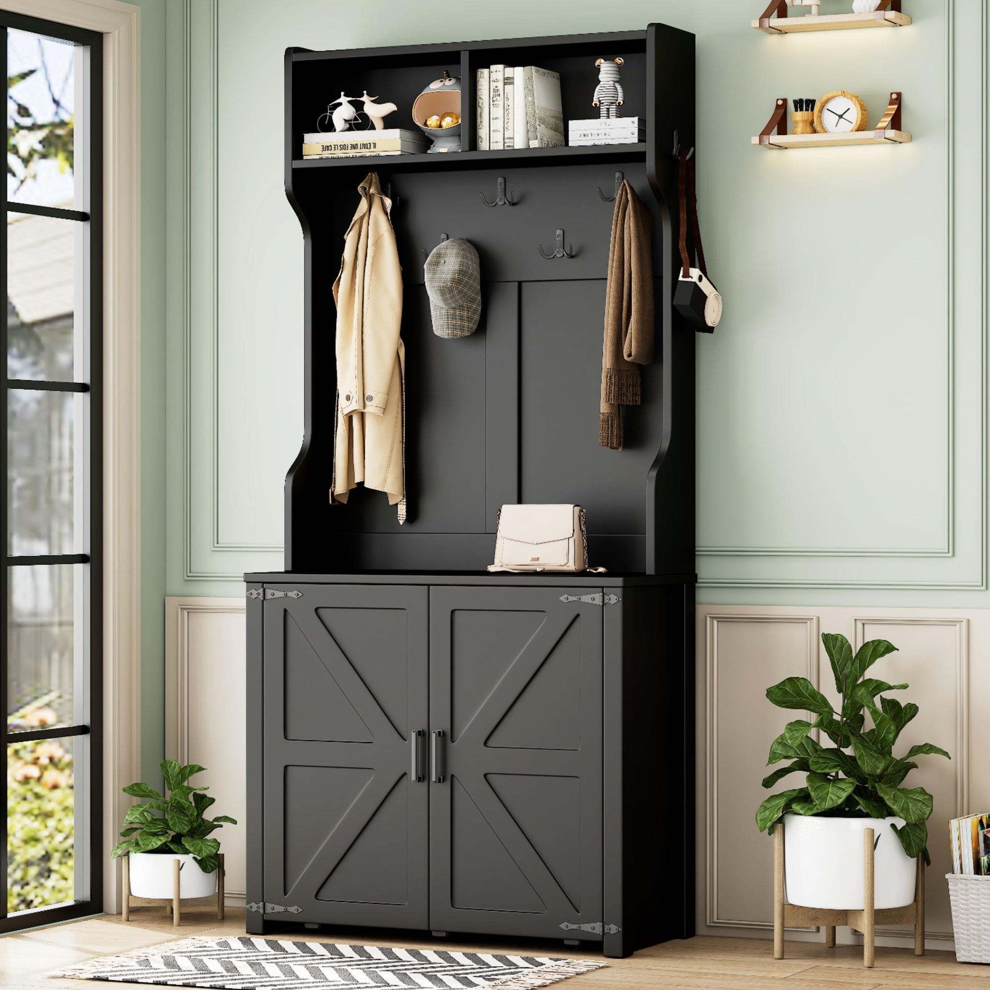 Farmhouse 4-in-1 Hall Tree with Barn Doors, Movable Bench with 7 Hanging Hooks and Shoe Storage Cabinet, 76.9"H Entryway Coat Rack with 6 Brake Wheels for Hallway, Living Room, White/Black