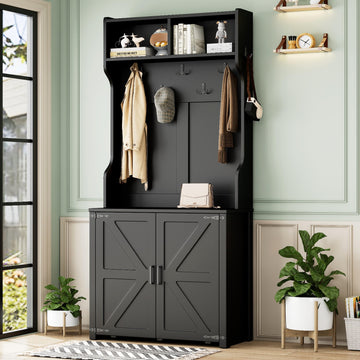 Farmhouse 4-in-1 Hall Tree with Barn Doors, Movable Bench with 7 Hanging Hooks and Shoe Storage Cabinet, 76.9