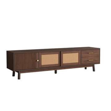 Mid Century Modern TV Stand for 80" TVs, Entertainment Center with Sliding Doors and Drawers, TV Table with Storage for Living Room, Bedroom