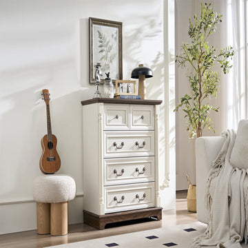 Retro 5 Drawer Dresser Chest with Base Wooden Rustic Chest of Drawers, Storage Dresser Organizer