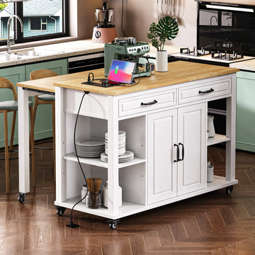 Kitchen Island with Extendable Table, 47.2"¡Á19.7" Mobile Kitchen Island Cart, White