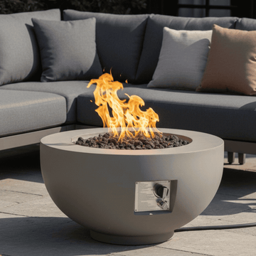 Outdoor Round Propane Fire Pit Table 28-inch,40,000 BTU Fire Pit Bowl,Light Concrete Propane Fire Pit with Free Lava Rocks,Rain Cover and Burner Lid,for Outside Patio,Garden,Deck,Light Gray