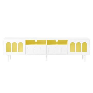 Clihome Cream Style TV Stand with LED Light Strip for TVs Up to 80'', Graceful Entertainment Center with 5 Solid Wood Legs, Large Storage Media Console with Fluted Tempered Glass Doors, White