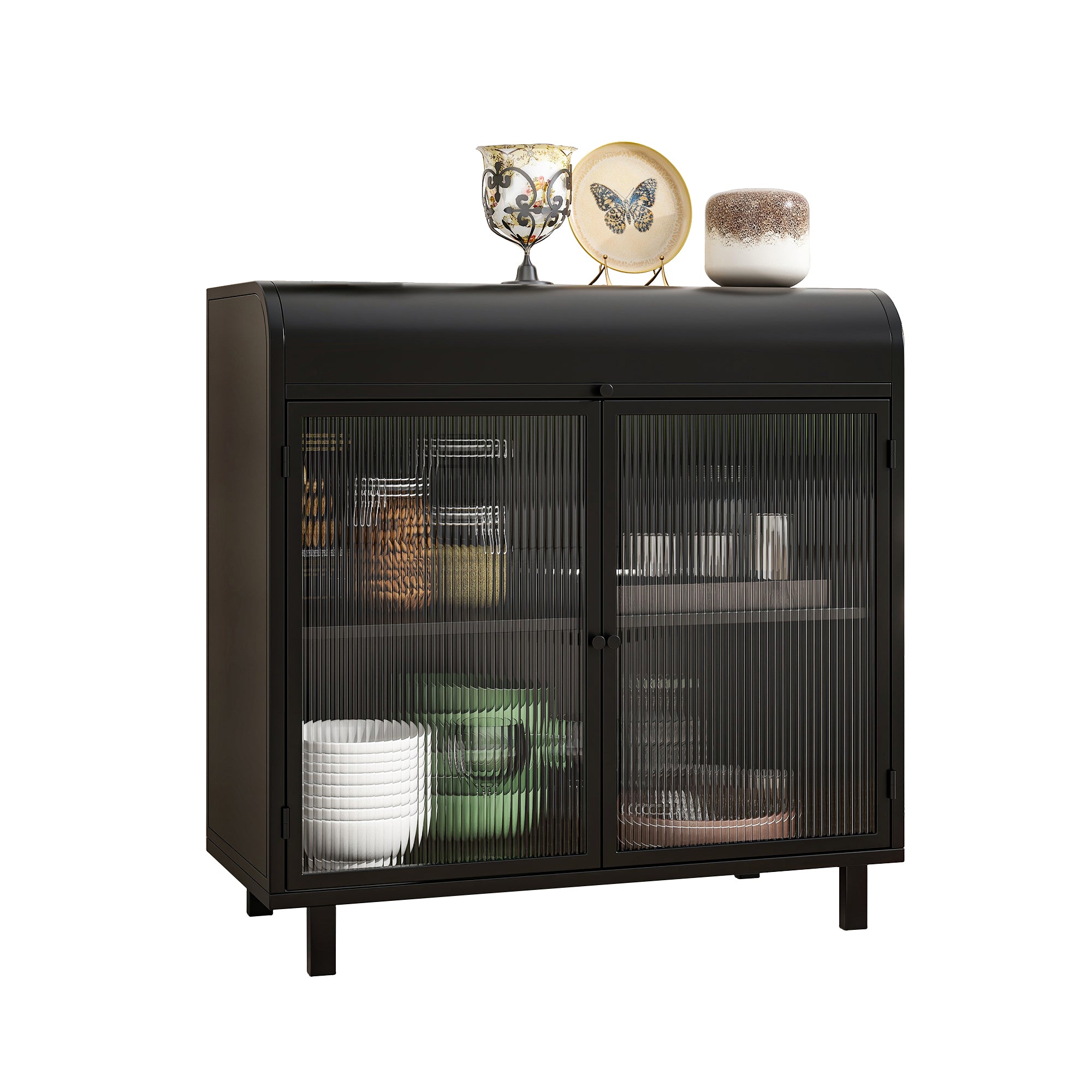 Modern Sideboard Buffet Cabinet with Tempered Figured Glass Doors, Flip Top, Inner Shelves, Metal Frame Storage Console for Dining Room, Kitchen, Living Room & Entryway (Black)