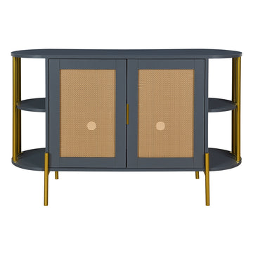 Clihome 2-Door Elegant Curved Dining Cabinet with Gold Trim and Woven Rattan Doors for Dining Room (Dark Gray)