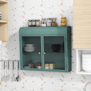 2-Door Wall-Mounted Metal Storage Cabinet with Tempered Glass Doors & Shelves for Bathroom, Kitchen, Living Room & Office
