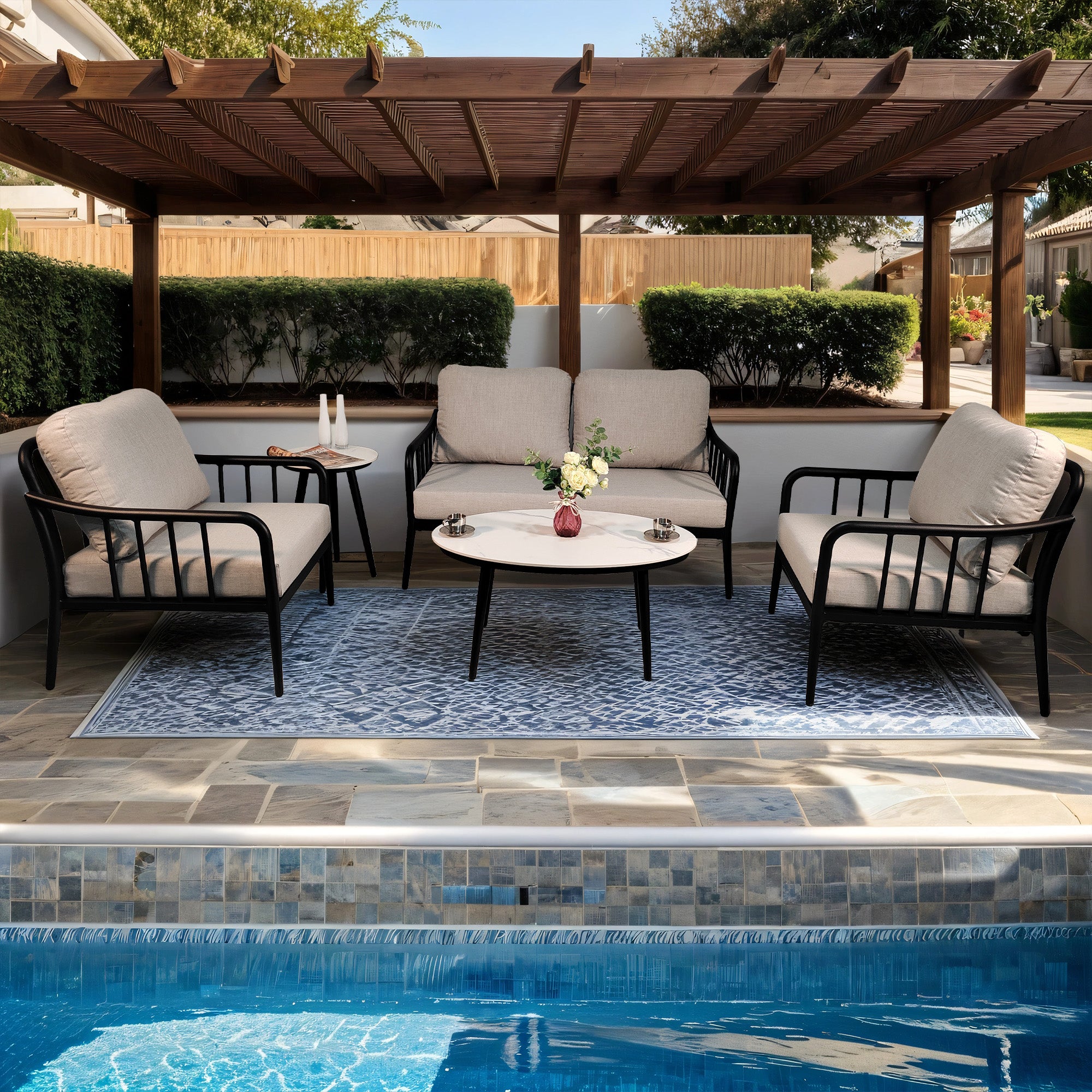 5PC Outdoor Aluminum Patio Furniture,Modern Chat Sofa Conversation Set,Removable Sunbrella Cast Silver Fabric Cushions and Table with White Carrara Marble-Look Sintered Stone Top,Ember Black