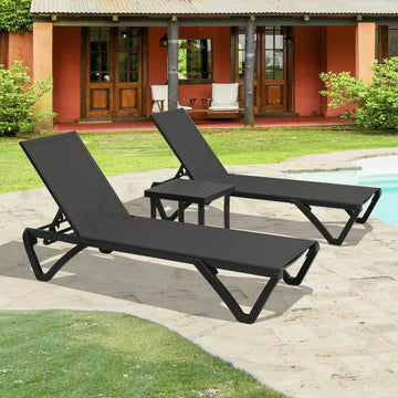 Lounge Chairs Set, Aluminum Adjustable Outdoor Chaise Lounge with Wheels, 2 Poolside Chairs,1 Side Table, Textilene, Dark Gray