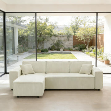 L-Shaped Convertible Sectional Sofa, 3-Seater Corduroy Couch with Thick Cushions & Extra Pillows