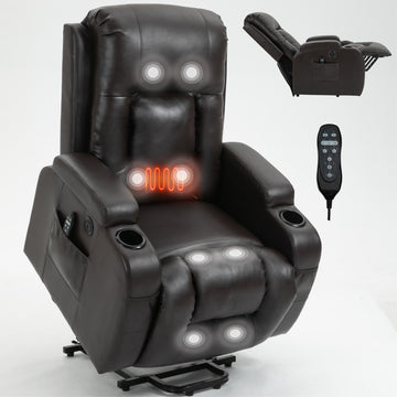 Lift Recliner Chair for Elderly, Heavy Duty Motion Mechanism with 8-Point Vibration Massage and Lumbar Heating, USB Charging Port, Cup Holders, Brown