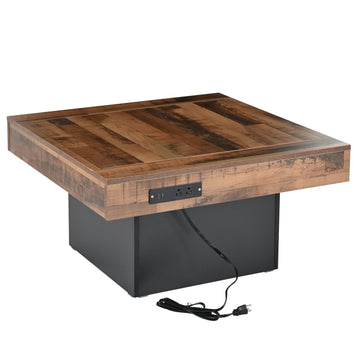 Clihome 31.4'' x 31.4'' Farmhouse Coffee Table with 2 USB Ports and Outlets, Brown Spliced Wood Grain Center Table with LED Light, Rustic Cocktail Table with Charging Station for Living Room, Black