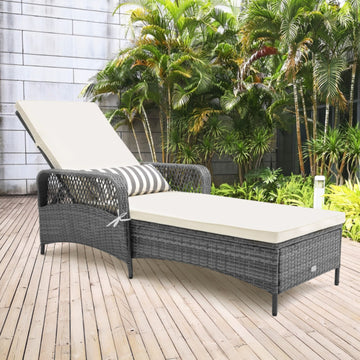 Outdoor PE Rattan Chaise Lounge Chair 6-Level Adjustable Backrest with Cushion and Lumbar Pillow