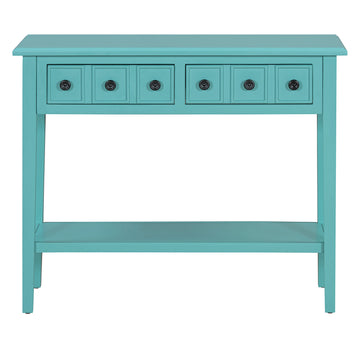 Clihome Entryway Table with 2 Drawers, Rustic Console Table with Open Shelf and Rubber Wood Legs for Entryways, Living Rooms, and Hallways (Teal)