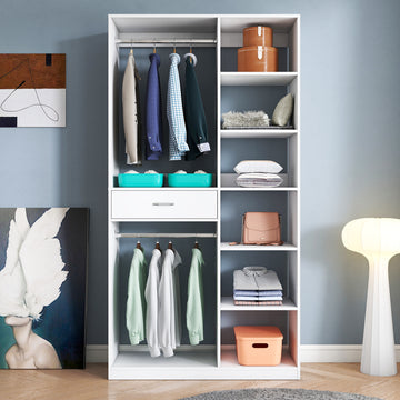 Freestanding Closet System, Stand-Alone Wardrobe with 6 open Shelves,74.8'' Heigh Closetwith 1 Wood Drawers, Wood Walk-in Closet with 2 Hanging Rod, White