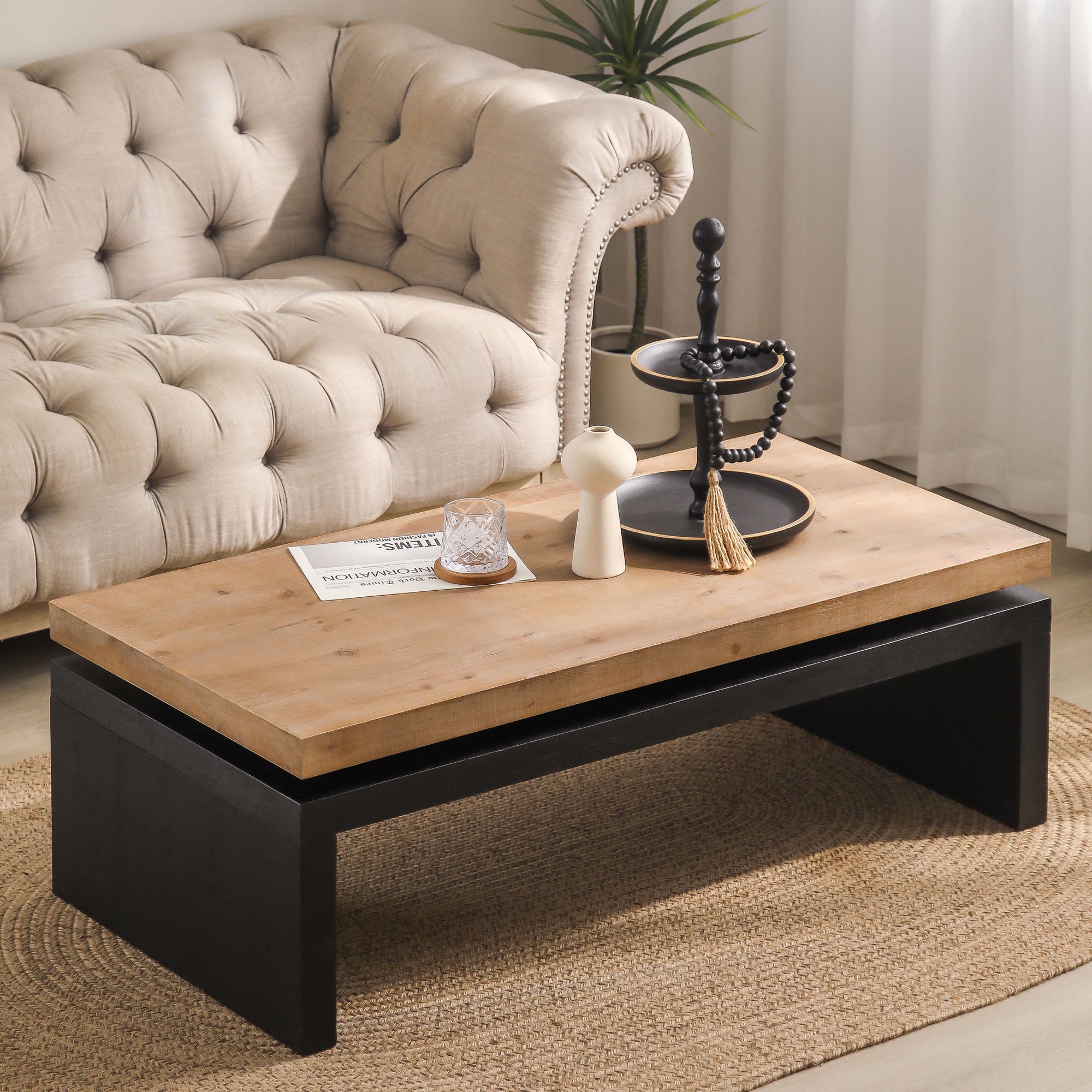 Black and Natural Wood Living Room Table Versatile Coffee Table 2-Tiered Wood Tabletop Table 47.6" L * 23.6" W * 16.3" H