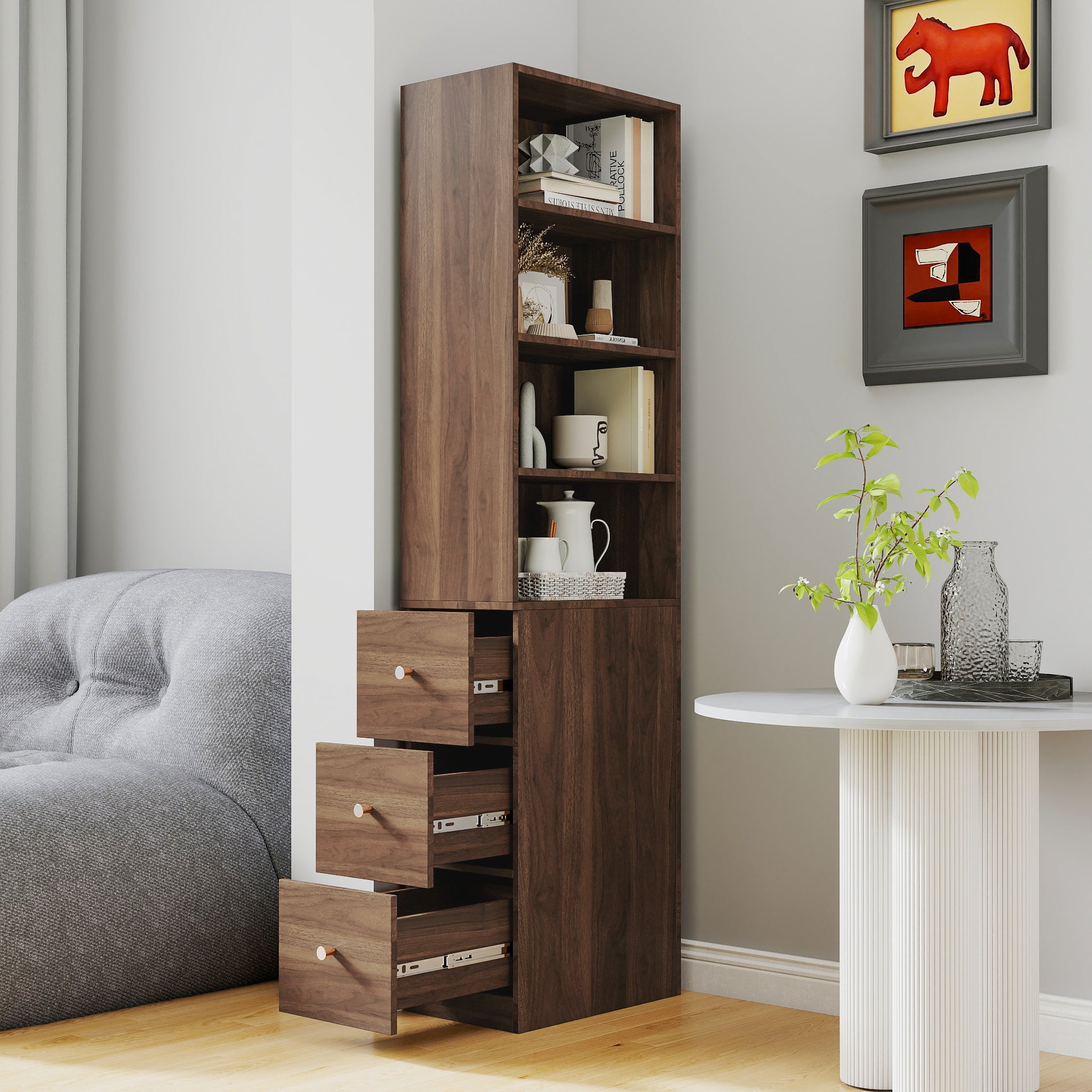 70.87" H Display Storage Cabinet , 4-Tier Shelf, 3 Side Drawers , Modern Wooden Tall Bookshelf Bookcase for Living Room Home Office