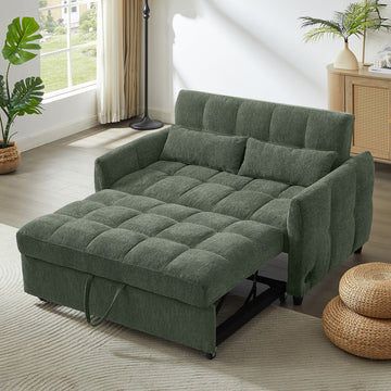 52.8" Loveseat Sofa Pull-out Sofa Bed Tufted Sleeper Sofa with an Adjustable Backrest, Three USB Ports and Two Lumbar Pillows for Living Room, Green