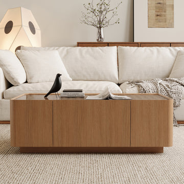 46.8inches Mid?Century Glass Top Coffee Table, Rectangular Table with Hidden Drawers for Living Room