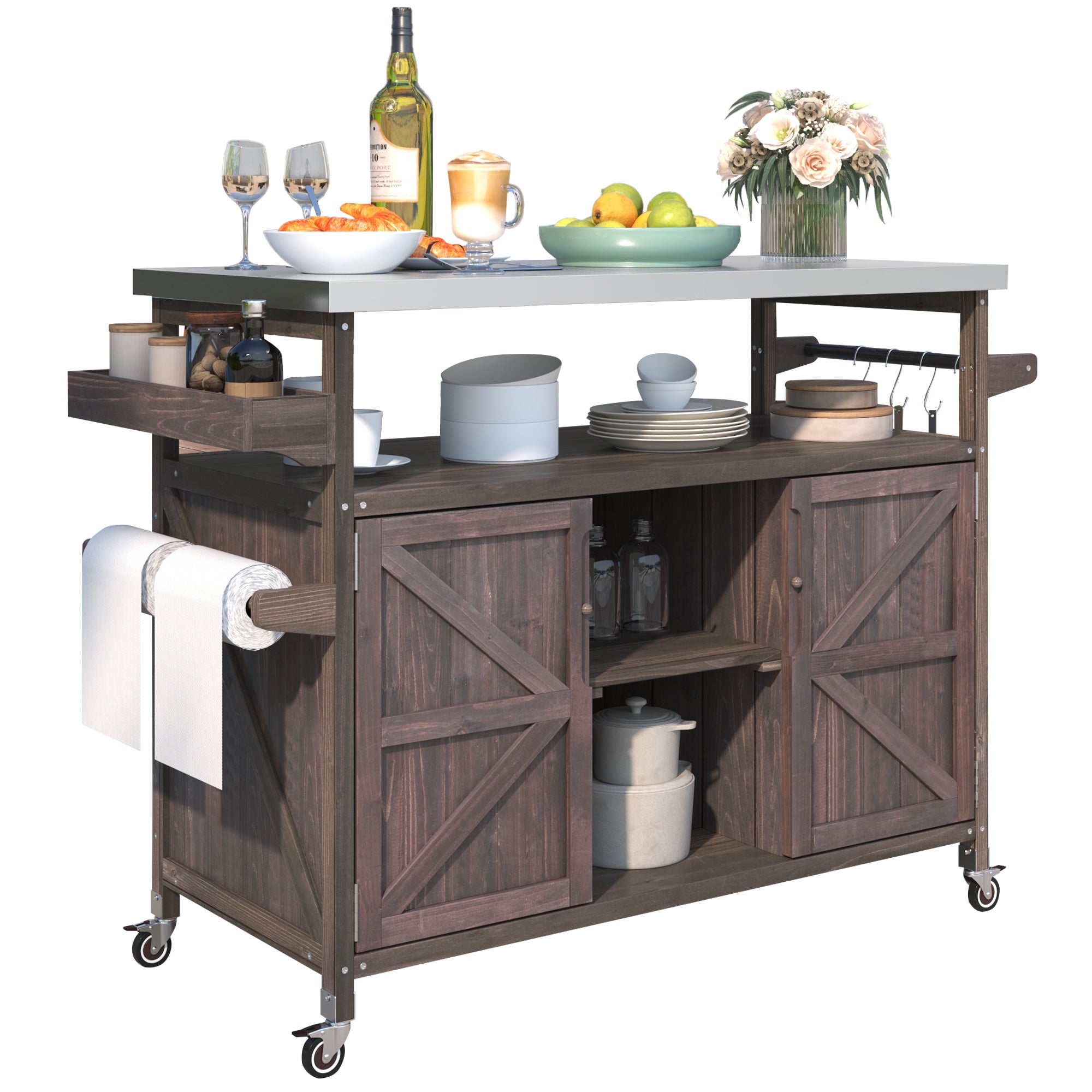 Outdoor Kitchen Island, Rolling Bar Cart & Storage Cabinet, Farmhouse Solid Wood Outdoor Grill Table with Stainless Steel Top, Spice Rack , Towel Rack for Kitchen & Barbecue , Dark Brown/Natural/Grey Blue