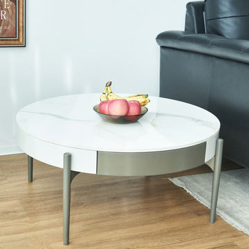 Modern Round White & reall wood color Coffee Table with Drawers and metal legs,Drum Coffee Table with Grey Legs Circular Center Table with ceramic Pattern Top for Living Room Apartment Office-White