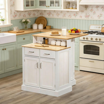 Modern Double-Tier Kitchen Island with Storage - Solid Rubberwood Top, 2 Cabinets & Drawers