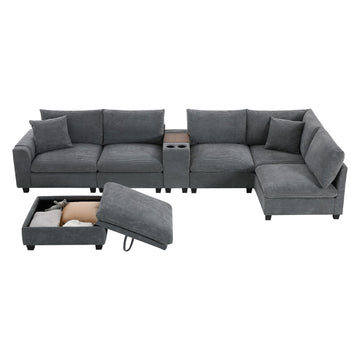 140'' Oversized Modular Sectional Sofa with Movable Storage Ottoman and Console,Removable Storage Pockets,Cup Holder,Wide Seat,USB Charger,6 Seat U Shaped Corduroy Couch for Living Room