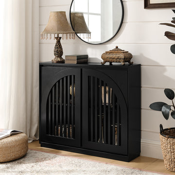 Modern Fluted Sideboard Cabinet with 2 Outlet Holes, Narrow Side Cabinet Kitchen Coffee Bar, Black