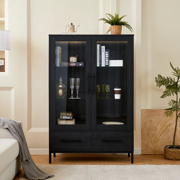 60'' Tall Display Cabinet with Tempered Glass Door, LED Lighting, Two Drawers, Modern Style Storage Cabinet for Living Room, Office & Study, Black/Brown