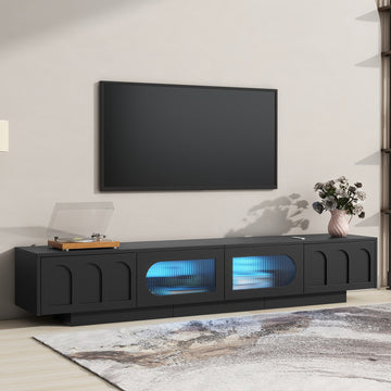 TV Stand with Fluted tempered Glass Doors for TVs Up to 95'', Functional Media Console with Arched Cabinet Doors, Entertainment Center with APP-Controlled LED Light for Living Room, Black/White