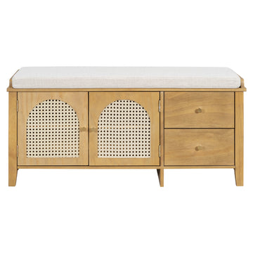 Clihome Shoe Storage Bench, Vintage Shoe Bench with Storage and Cushion, Shoe Bench with 2 Drawers and 2 Rattan Door for Entryway, Bedroom, Living Room, Natural