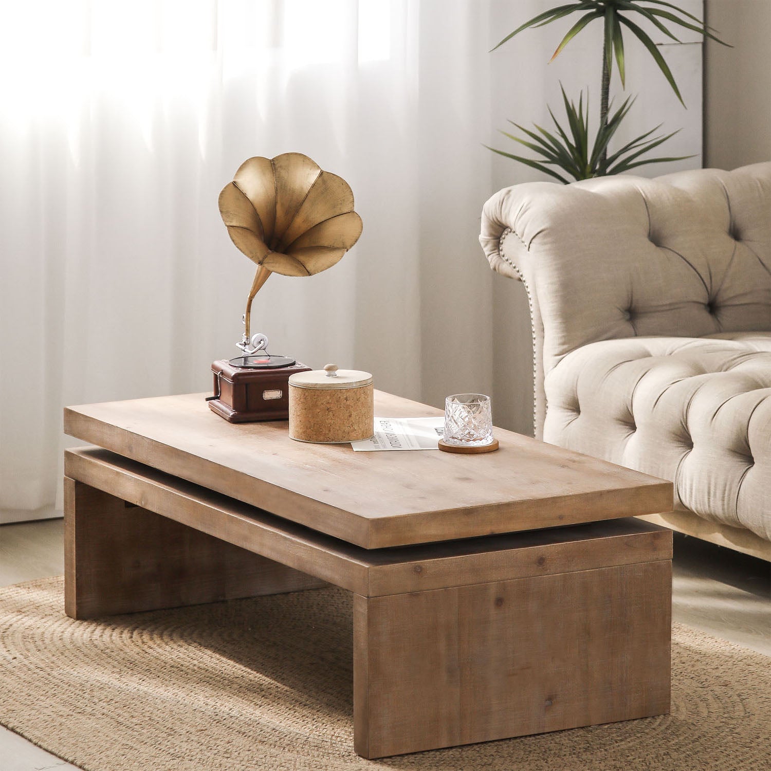 Natural Wood Living Room Table Versatile Coffee Table 2-Tiered Wood Tabletop Table 47.6" L * 23.6" W * 16.3" H