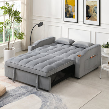 Modern Velvet Loveseat Futon Sofa Couch w/Pullout Bed,3 in 1 Convertible Sleeper Sofa Bed with adjustable Reclining Backrest,Grey