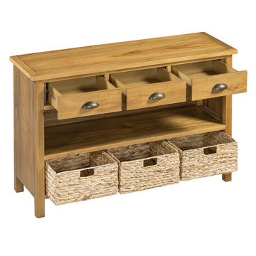 Clihome Retro Console Table with 3 Storage Drawers, Entryway Table with 3 Water Hyacinth Woven Baskets,Wooden Accent Sofa Table Buffet Cabinet for Entryway, Hallway and Living Room (Natural)